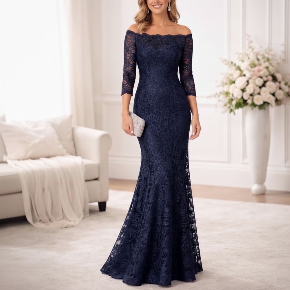 DECODE 1.8 Formal Mermaid Dress Off Shoulder Lace Navy Blue 14 or 14W NWT